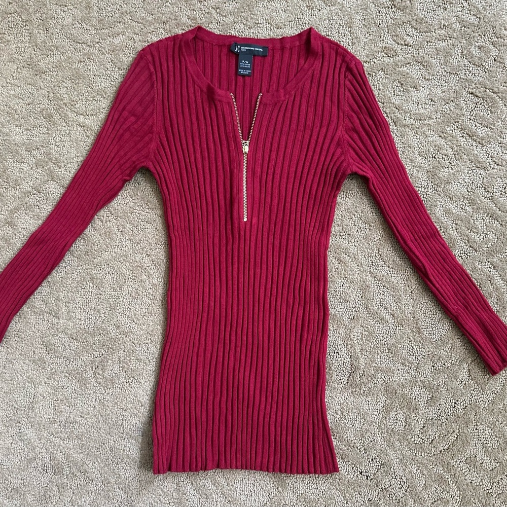 INC International Concepts Red Long Sleeve. Gold zipper neck. Stretch, sexy.